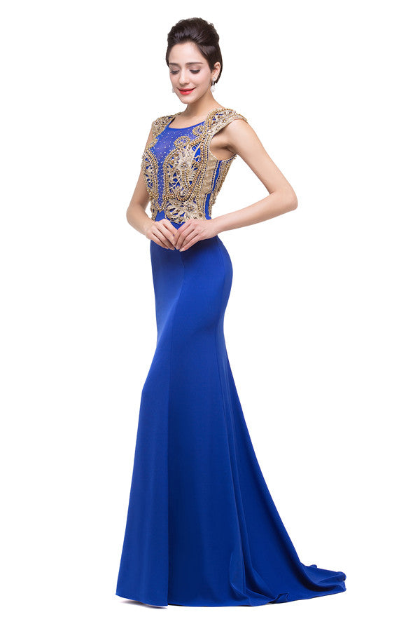 Mermaid Crew Sweep-length Blue Formal Dresses With Applique