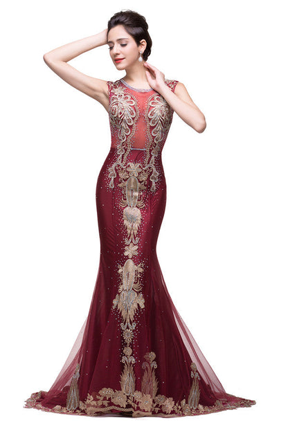 Mermaid Crew Sweep-length Tulle Burgundy Formal Dresses With Applique