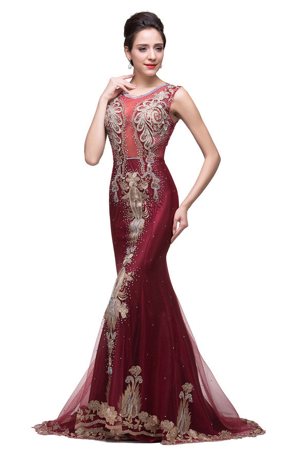Mermaid Crew Sweep-length Tulle Burgundy Formal Dresses With Applique