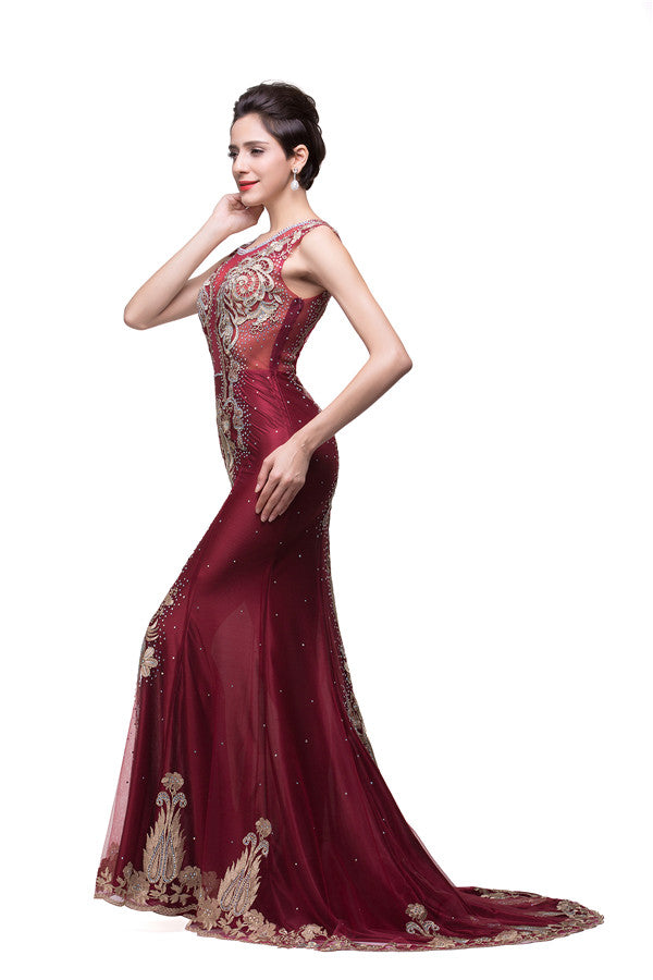 Mermaid Crew Sweep-length Tulle Burgundy Formal Dresses With Applique