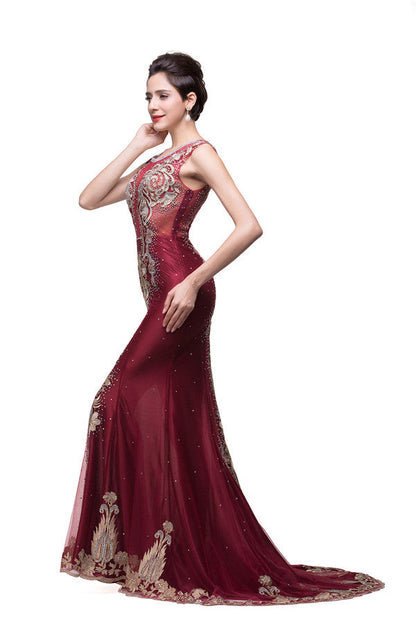 Mermaid Crew Sweep-length Tulle Burgundy Formal Dresses With Applique