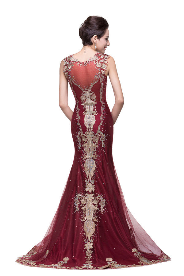 Mermaid Crew Sweep-length Tulle Burgundy Formal Dresses With Applique