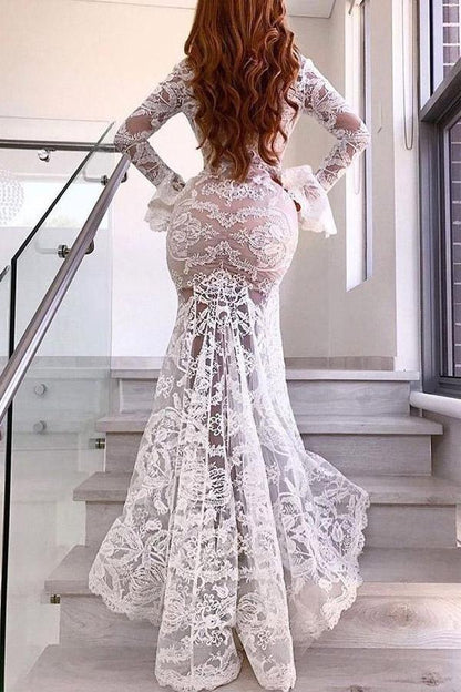 Meerjungfrau Deep V Brautkleid mit langen Ärmeln Sexy Spitzen-Brautkleid