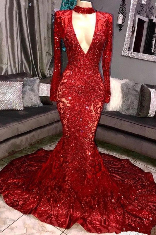 Meerjungfrau-Ballkleid mit hohem Halsausschnitt und langen Ärmeln