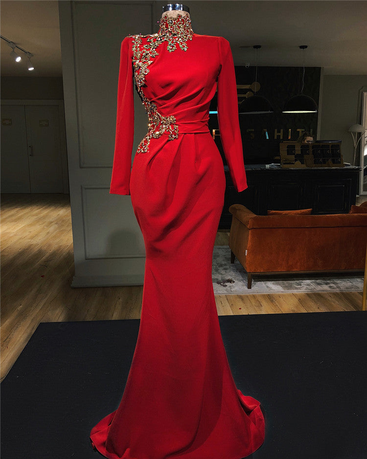 Mermaid High Neck Red Long Prom Dress with Sleeves