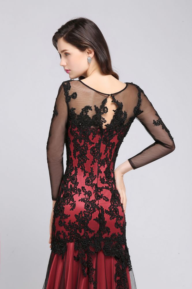 Vestido de noche largo de tul rojo sexy con escote joya de sirena y cuentas