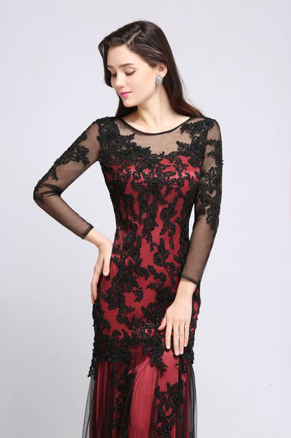 Vestido de noche largo de tul rojo sexy con escote joya de sirena y cuentas