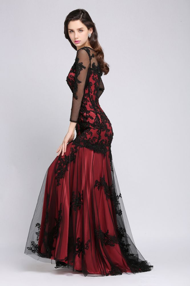 Vestido de noche largo de tul rojo sexy con escote joya de sirena y cuentas