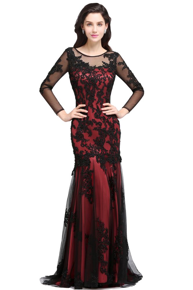 Vestido de noche largo de tul rojo sexy con escote joya de sirena y cuentas