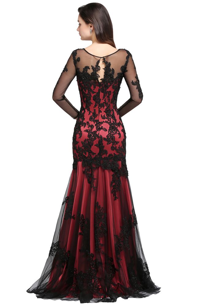 Mermaid Jewel Neck Long Tulle Red Sexy Evening Dresses with Beading