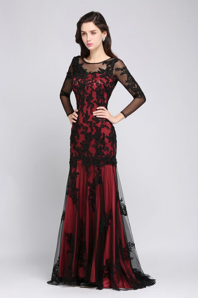 Vestido de noche largo de tul rojo sexy con escote joya de sirena y cuentas