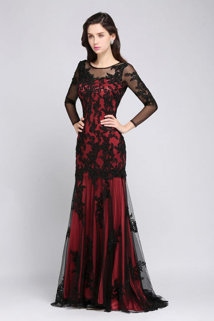 Vestido de noche largo de tul rojo sexy con escote joya de sirena y cuentas
