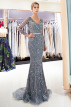 Mermaid Long Sleeves V-neck Sequins Evening Gowns with Sash