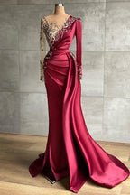 Mermaid Long V-neck Satin Burgundy Prom Dress with Sleeves