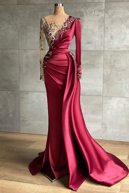 Meerjungfrau Langes V-Ausschnitt Satin Burgunderrotes Ballkleid mit Ärmeln