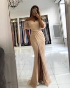 Mermaid Off-the-Shoulder Front Slit Long Sequins Prom Dress With Sleeves