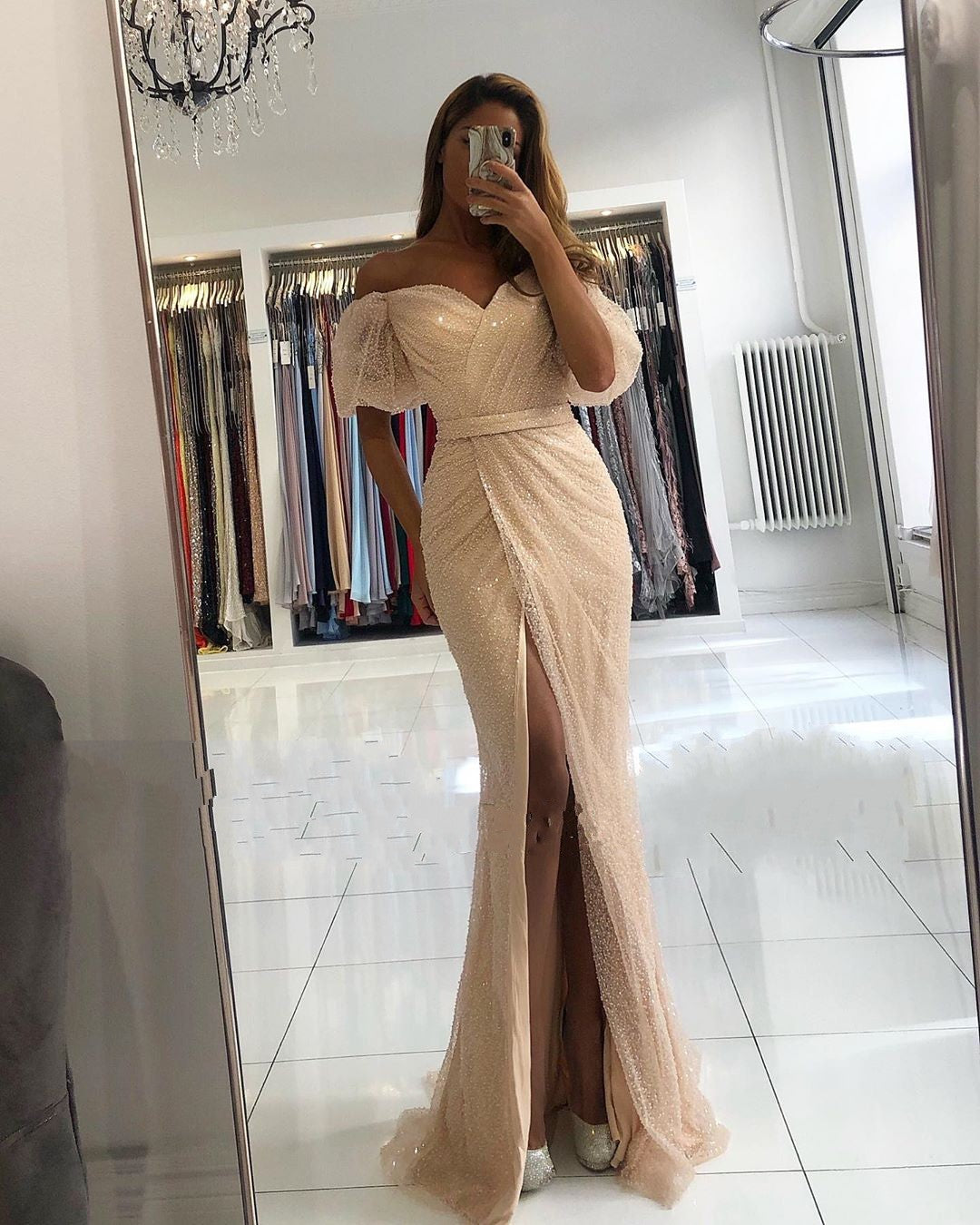 Mermaid Off-the-Shoulder Front Slit Long Sequins Prom Dress With Sleeves
