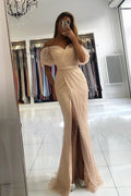 Mermaid Off-the-Shoulder Front Slit Long Sequins Prom Dress With Sleeves