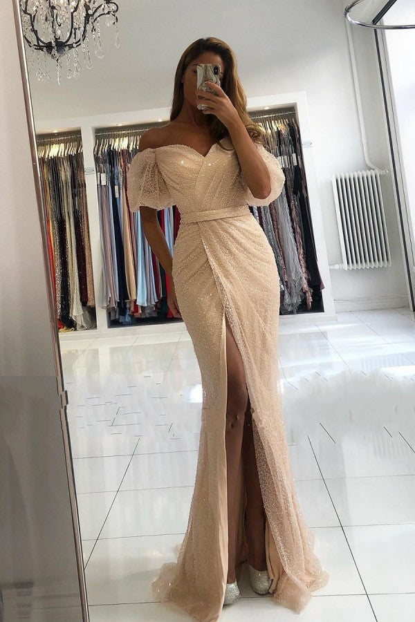 Mermaid Off-the-Shoulder Front Slit Long Sequins Prom Dress With Sleeves