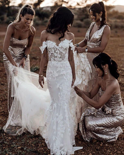 Mermaid Off-the-shoulder Tull Applique Amazing Rustic Wedding Dress