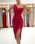 Mermaid One Shoulder Satin Short Prom Dress with slit