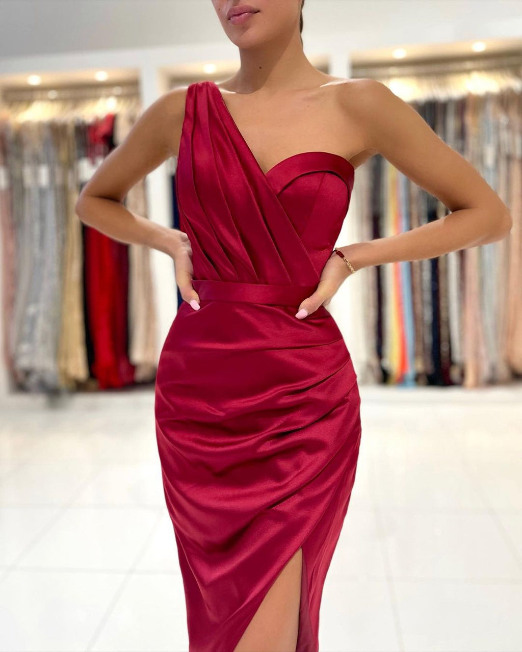 Mermaid One Shoulder Satin Short Prom Dress with slit