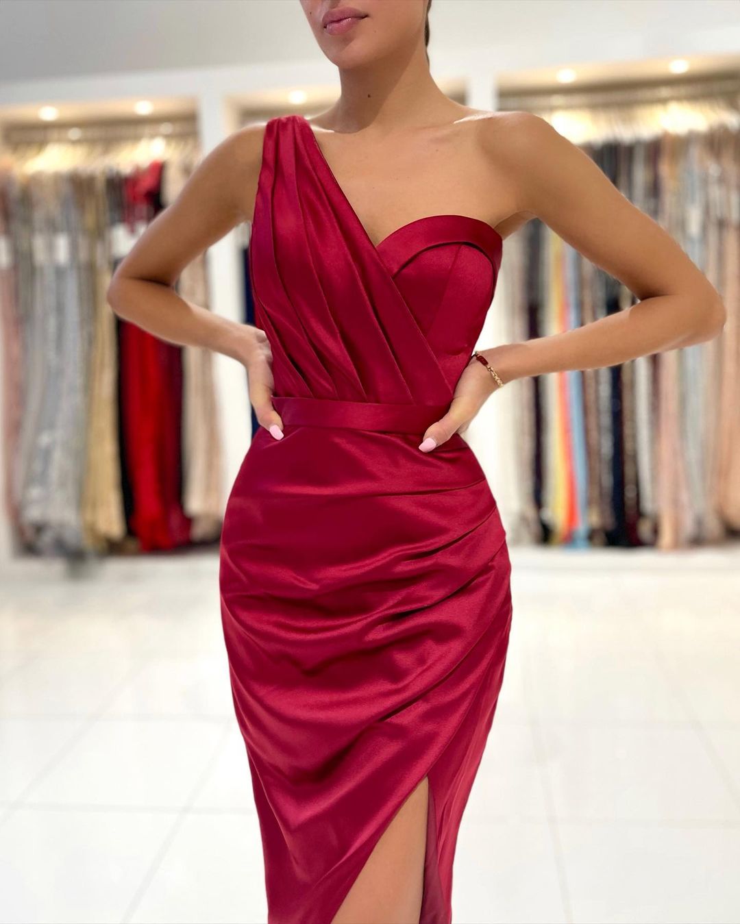 Mermaid One Shoulder Satin Short Prom Dress with slit
