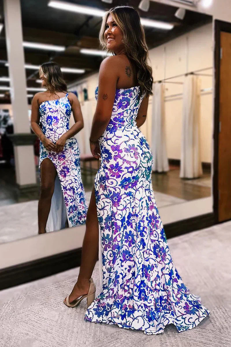 Vestidos de fiesta largos con apliques de lentejuelas y un hombro con abertura