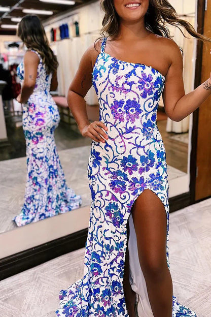 Vestidos de fiesta largos con apliques de lentejuelas y un hombro con abertura