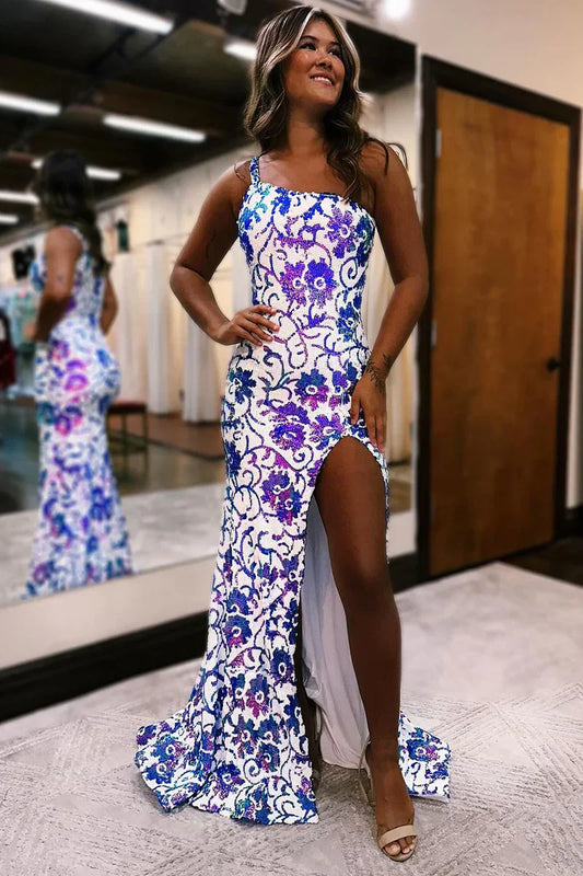 Vestidos de fiesta largos con apliques de lentejuelas y un hombro con abertura