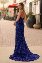 Dahlia | Robe de bal longue sans bretelles en sequins avec fente sirène