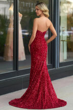 Dahlia | Robe de bal longue sans bretelles en sequins avec fente sirène
