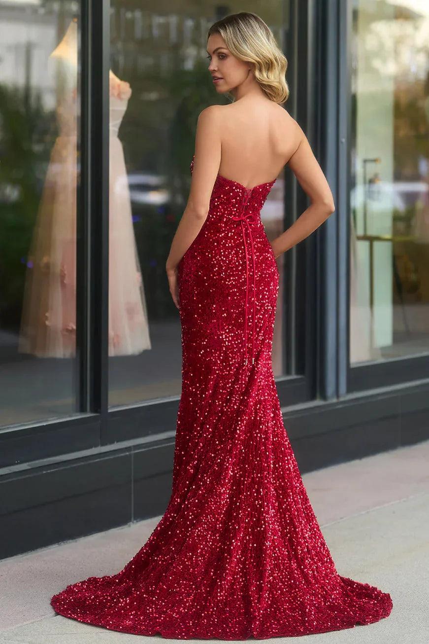 Dahlia | Robe de bal longue sans bretelles en sequins avec fente sirène