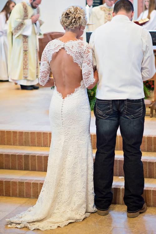 Robe de mariée sirène à décolleté en goutte d'eau, dos ouvert, manches longues avec appliques