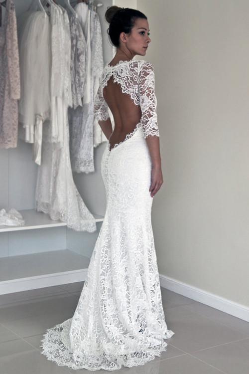 Vestidos de novia de corte sirena, espalda abierta, mangas largas y apliques