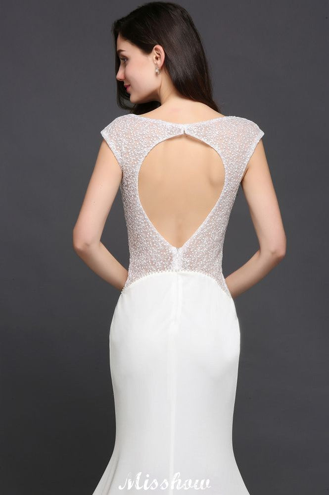 Vestido de noche de sirena con escote redondo y gasa blanca con cuentas