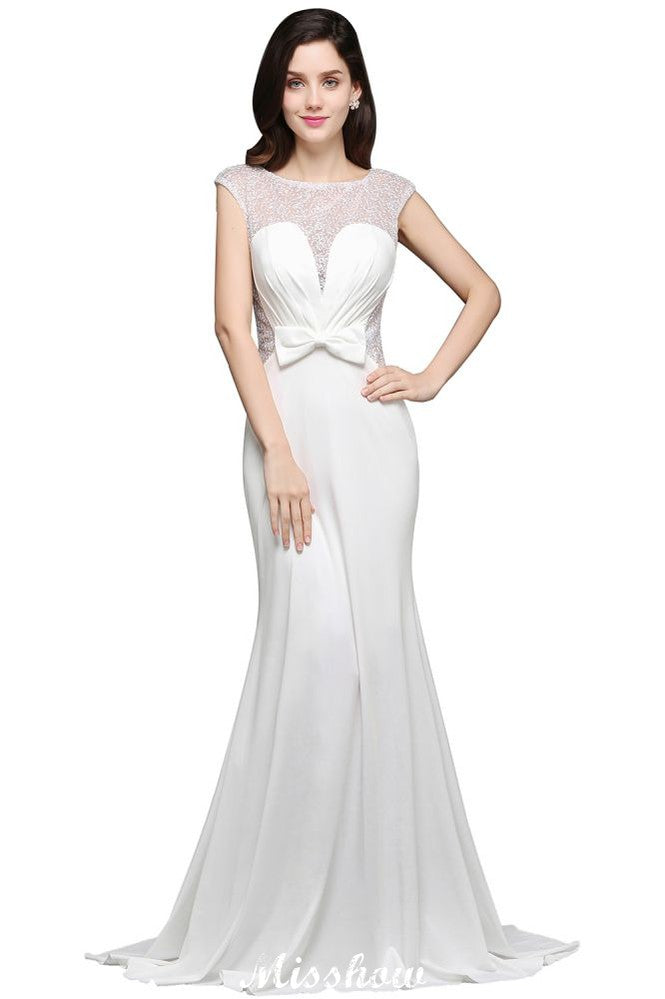 Vestido de noche de sirena con escote redondo y gasa blanca con cuentas