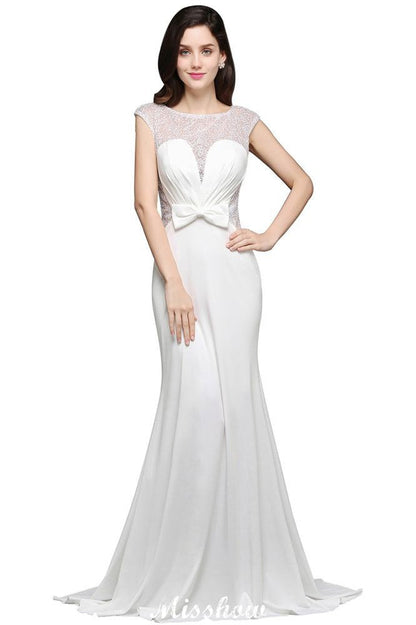 Vestido de noche de sirena con escote redondo y gasa blanca con cuentas