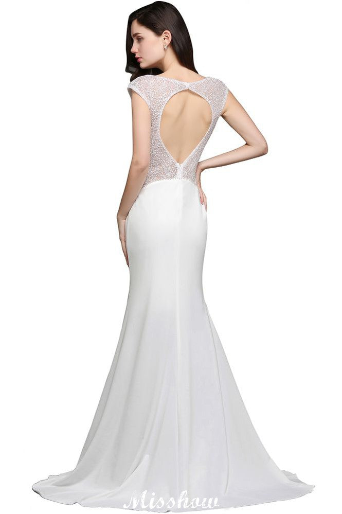 Vestido de noche de sirena con escote redondo y gasa blanca con cuentas