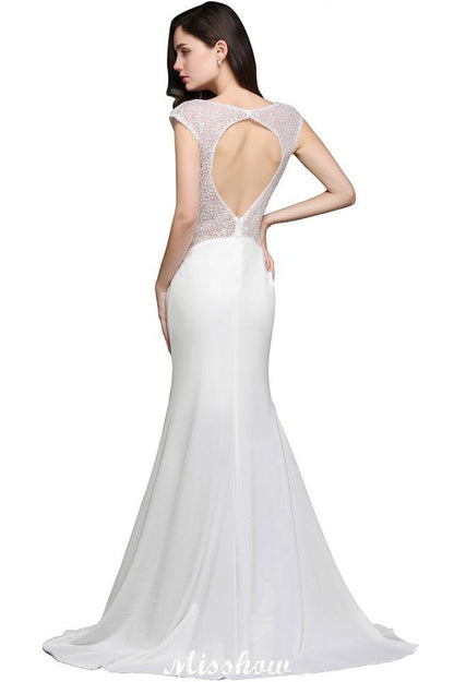 Vestido de noche de sirena con escote redondo y gasa blanca con cuentas