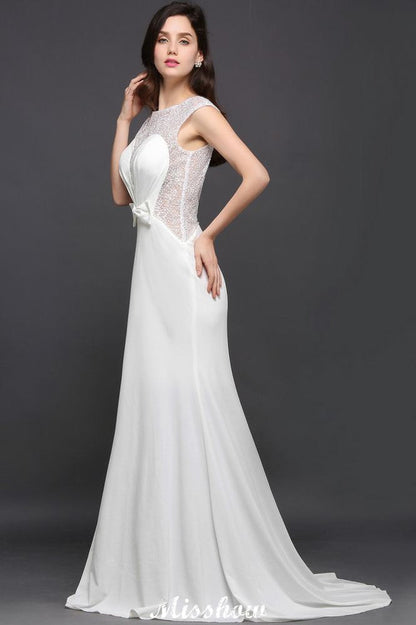Vestido de noche de sirena con escote redondo y gasa blanca con cuentas