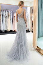 Mermaid Sleeveless Illusion Neckline Crystal Sqeuined Tulle Evening Dress
