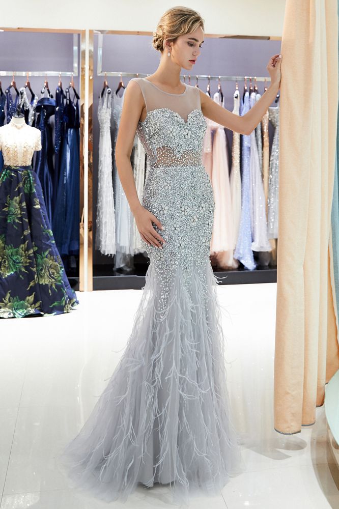 Mermaid Sleeveless Illusion Neckline Crystal Sqeuined Tulle Evening Dress