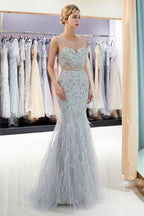 Mermaid Sleeveless Illusion Neckline Crystal Sqeuined Tulle Evening Dress