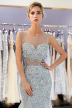 Mermaid Sleeveless Illusion Neckline Crystal Sqeuined Tulle Evening Dress