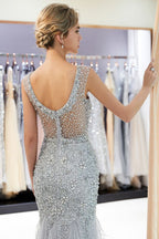 Mermaid Sleeveless Illusion Neckline Crystal Sqeuined Tulle Evening Dress