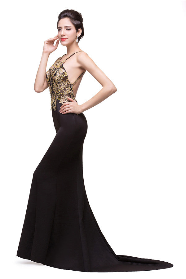 Mermaid Spaghetti strap Flower-length Black Formal Dresses with Beads
