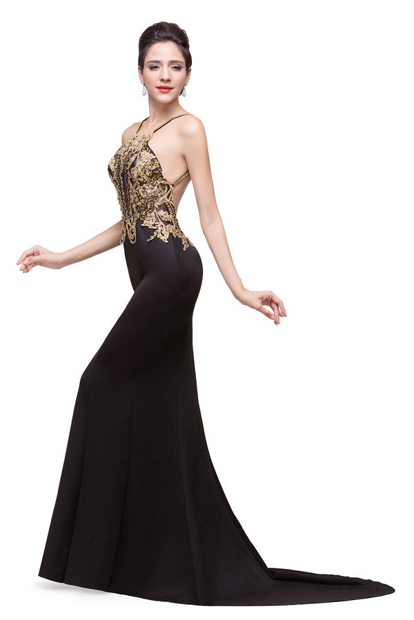 Mermaid Spaghetti strap Flower-length Black Formal Dresses with Beads