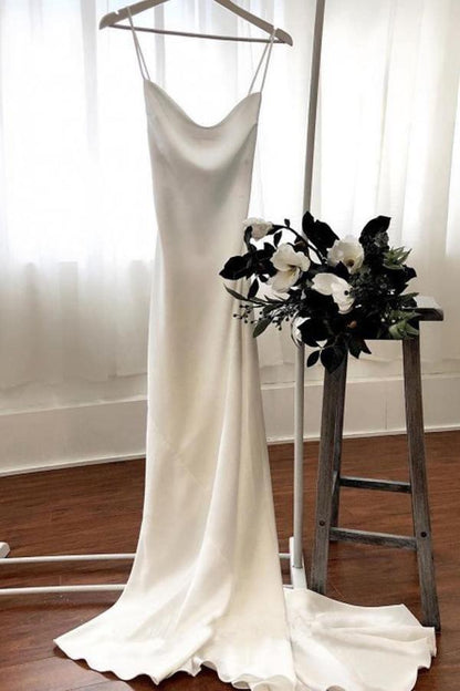 Meerjungfrau Spaghettiträger Rückenfrei Hofschleppe Weißes Brautkleid