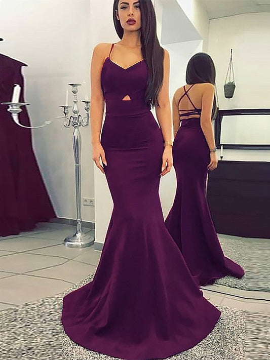 Vestidos de fiesta de sirena con tirantes finos, sin mangas y jersey fruncido